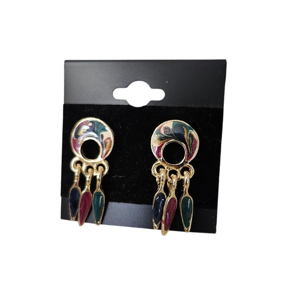 Vintage Gold Tone Swirl Dream Catcher Earrings Acrylic Maroon Dangle